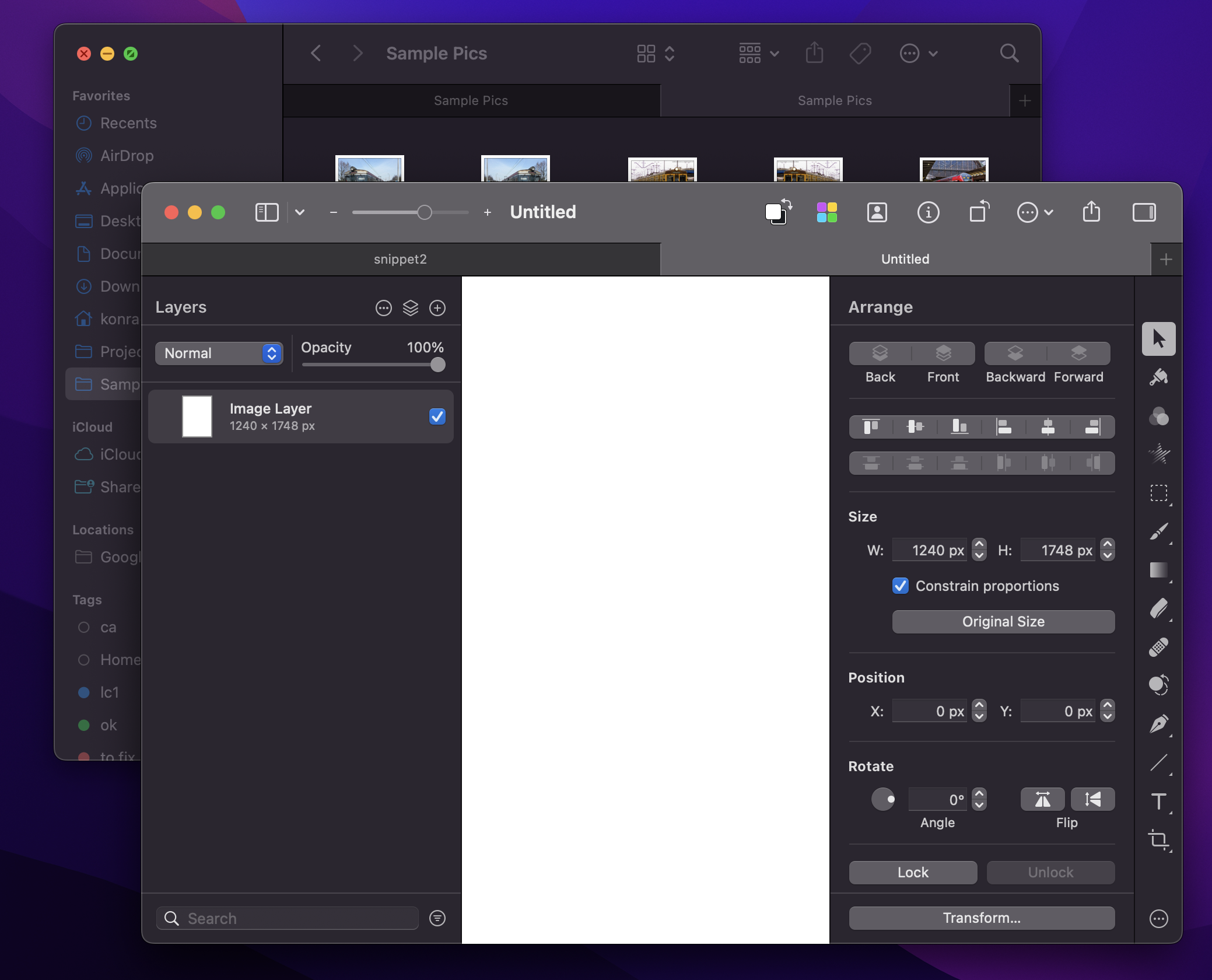 Screenshot of Pixelmator Pro and Finder